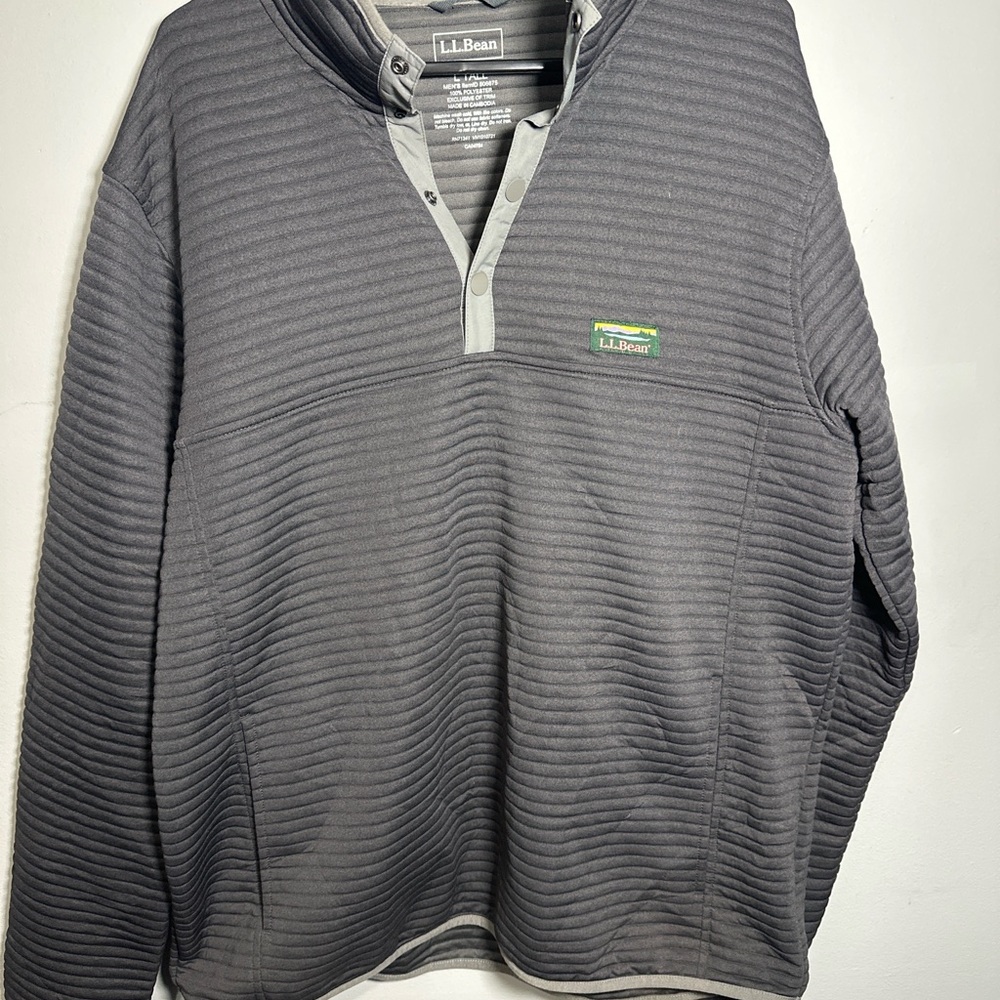 LL Bean Sweater Airtight Pullover Large Tall Grey  Pockets Ribbed Embroidered